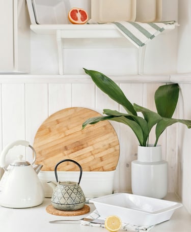 Bakeware, cutting board, and tea kettles