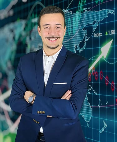 il professore di fut a mezzo busto sullo sfondo un grafico di trading