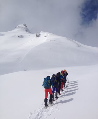 Grupo caminando en la nieve