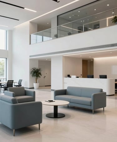 A professional wide-angle photograph of a clean, modern North American office lobby. The space is filled with soft light and features minimalist furniture in slate blue and off-white tones.