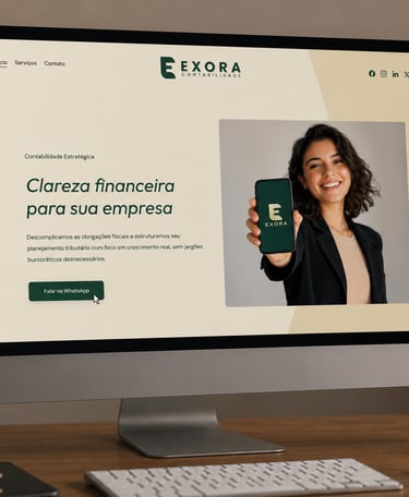 Desktop computer screen displaying the Exora Contabilidade website for professional accounting services.