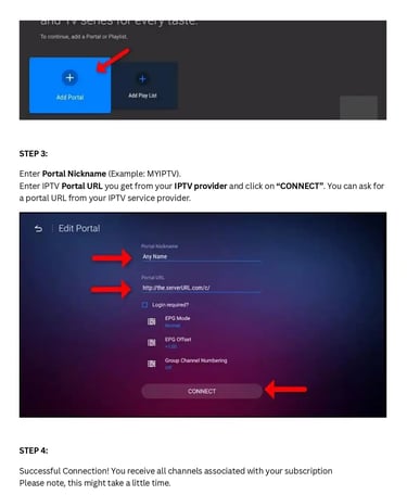 Step-by-step guide showing how to add a portal nickname and IPTV URL to configure an IPTV service.