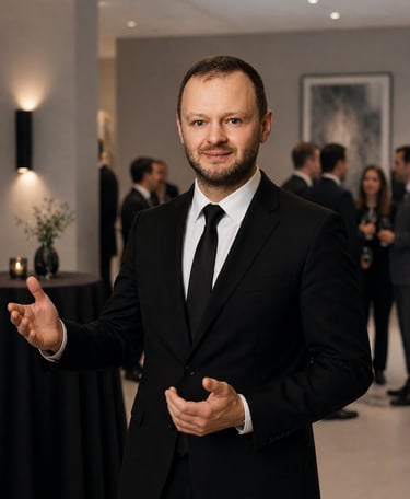 Un maître d'hôtel professionnel en costume noir fait un geste lors d'un événement d'entreprise.