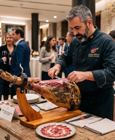 Un chef-maître charcutier professionnel découpe du jambon ibérique lors d'un événement d'entreprise.