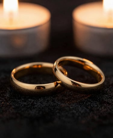 Cinematic close-up of gold wedding bands resting on a black velvet surface, warm romantic candlelight, soft focus.