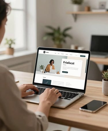 A professional web developer in a clean Ayodhya office, working on a sleek laptop showing a modern website design. The room is filled with soft natural light, featuring #B78759 accents. The mood is trustworthy and contemporary.