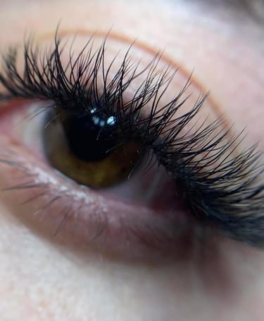 extensiones de pestañas negras voluminosas en un ojo marrón para un look de belleza profesional