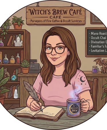 A woman writing in a journal at Witch's Brew Cafe with crystals, potions, and a magical coffee menu.