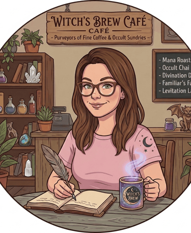 A woman writing in a journal at Witch's Brew Cafe with crystals, potions, and a magical coffee menu.