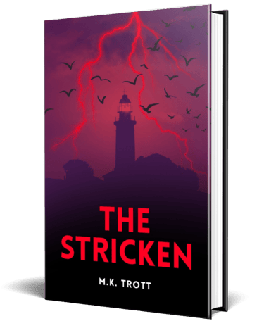 Book cover depicting a lighthouse in a storm. Black birds fill the red sky and red lightning strikes