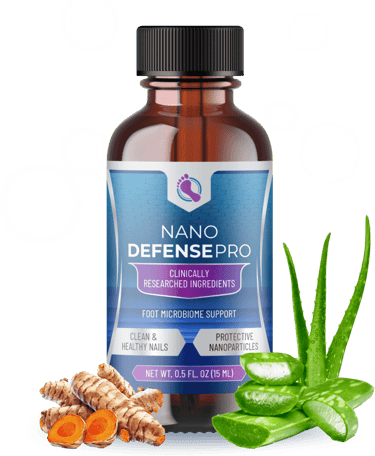 Nano Defense Pro foot microbiome support bottle with turmeric root and aloe vera for healthy nails.