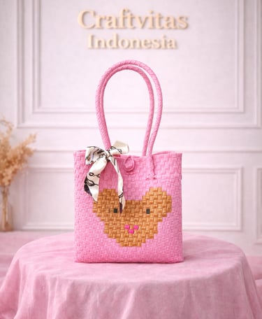 Pink handwoven plastic tote bag with bear character, handmade woven tote bag from recycled plastic