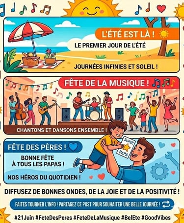 Illustration pour le 1er jour de l'été, la Fête de la Musique et la Fête des Pères