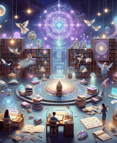 a woman sitting at a table with a lot of books and a lot of books