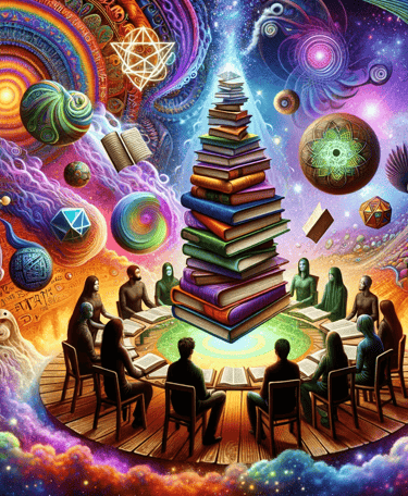 a group of people sitting around a table with books