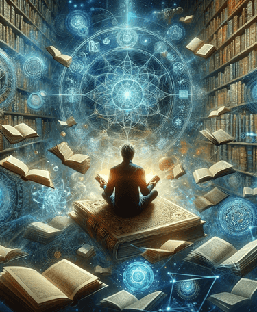 a man sitting on a bookcase with a book and a book