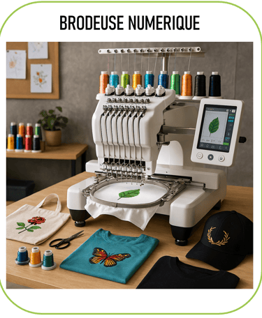 image représentant une brodeuse numérique, avec quelques réalisations textiles (motifs brodés, t-shi