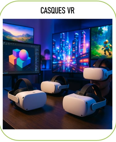 image représentant des casques de réalité virtuelle, avec quelques créations numériques (modèles 3D,