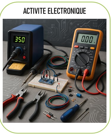 image représentant des outils pour une activité électronique (station de soudure, multimètre, pinces