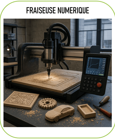 image représentant une fraiseuse numérique, avec quelques créations (pièces usinées, panneaux gravés