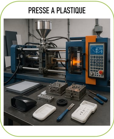 image représentant une presse à plastique, avec différentes réalisations (coques plastiques, objets 