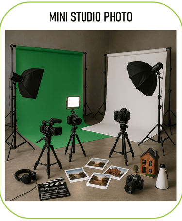 image représentant un mini studio photo et cinéma, avec fond vert et fond blanc, appareils photo, ca