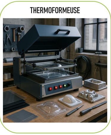 image représentant une thermoformeuse, avec quelques créations (coques plastiques, objets moulés, pr