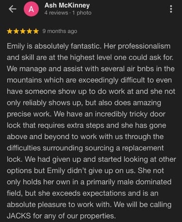 Five-star Google review of Jack's Locksmith from a property manager praising Emily's work on a tricky AirBnB door lock