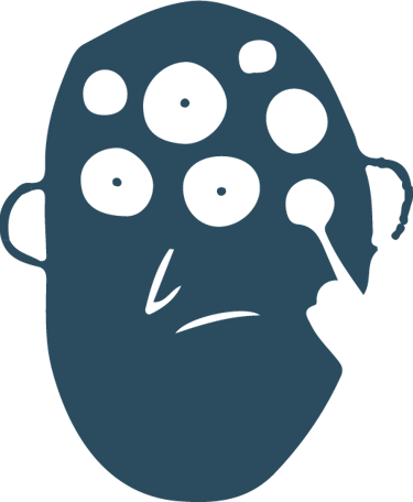Ilustración de una cabeza con múltiples ojos negros que representan vigilancia o perspectiva
