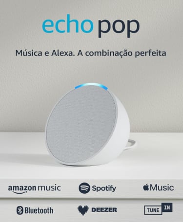 White Amazon Echo Pop smart speaker with Alexa and music streaming logos on a white shelf.