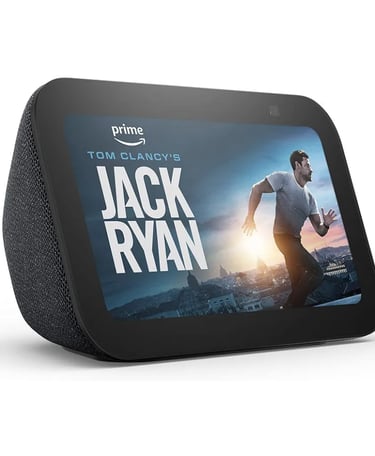 Black Amazon Echo Show smart display playing Tom Clancy's Jack Ryan on Prime Video.