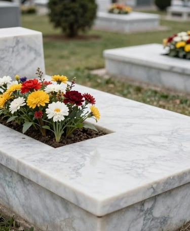 A close-up, high-quality photograph of a meticulously maintained white marble grave in a peaceful Istanbul cemetery. Fresh, vibrant seasonal flowers are planted in the soil area, and the marble surface is pristine and reflective under soft, natural daylight. The background shows blurred greenery in muted green and beige tones, creating a respectful and serene atmosphere.