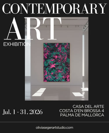 Contemporary art exhibition poster featuring an abstract pink and green painting in a white gallery space.