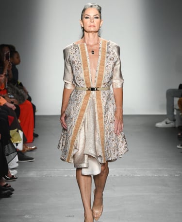 model on ramp walk wearing dress made from hemp fabric