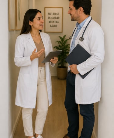 Nutrióloga hablando con médico para coordinar el tratamiento integral de su paciente en común.