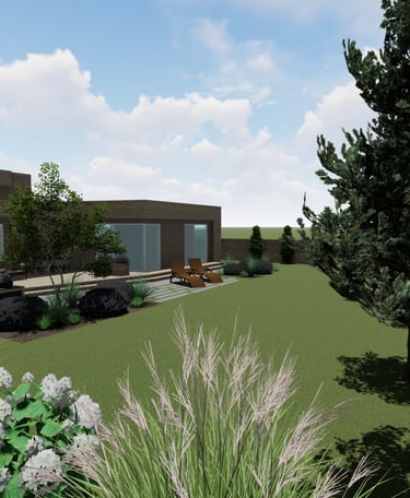 Kiemo projektavimas – 3D vizualizacija su terasa ir veja