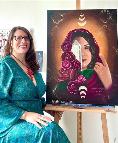 Picture of Silvia, the artist, showcasing her painting "Magdalene Codes 1"