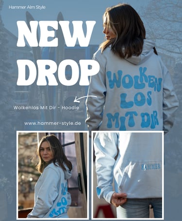 Model trägt hellblauen „Wolkenlos Mit Dir“-Hoodie mit Aufdruck aus der Hammer-Style Kollektion 