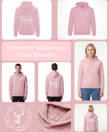 Pinker Hammer Mountain Club Hoodie mit Hirsch-Logo und Rückengrafik