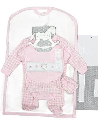 Organic cotton gingham 6 piece sleepsuit set with gift bag