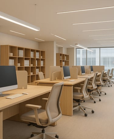 Spazio ufficio open space moderno e luminoso, con arredi su misura progettato da BRB Engineering