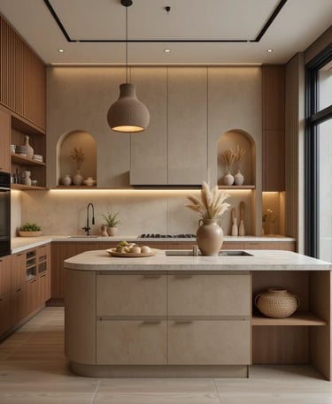 Kullanışlı dolap içi çözümlerle planlanan mutfak alanı