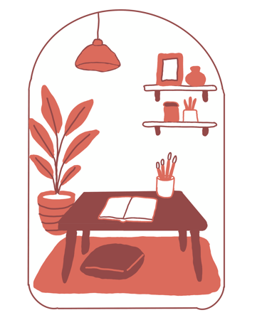 illustration d’un petit espace créatif avec table, carnet, plantes et étagères