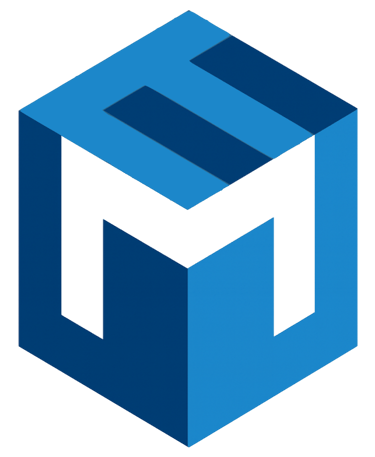 Modern 3D isometric blue and white cube logo featuring the letters E and M.