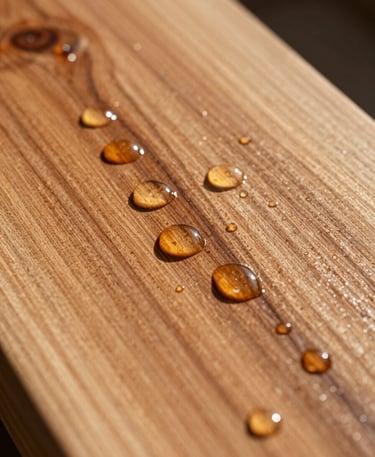 Macro close-up of water actively beading on newly sealed amber cedar wood grain under bright Texas sunlight, highlighting water-repelling protection.
