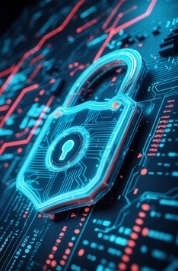 Glowing padlock on a digital circuit board, symbolizing cybersecurity and data protection.