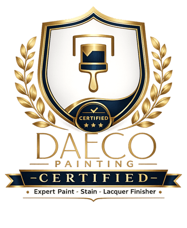 Daeco Painting certified logo featuring a gold shield, paint brush icon, and expert finisher text.