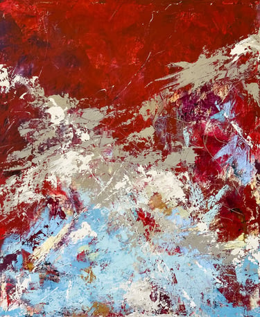 Abstract expressionist oil painting featuring bold red, light blue, and white textured palette knife strokes.