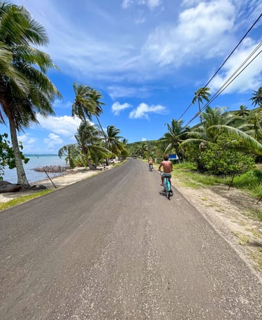 Cycling along a scenic blue route surrounded by lush greenery in Bora Bora, French Polynesia.