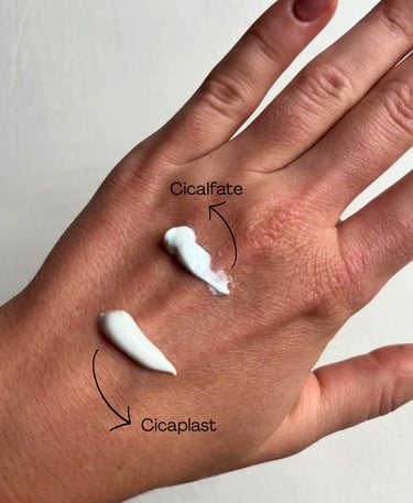Small swatches of La Roche-Posay Cicaplast Balm B5 and Avène Cicalfate+ creams displayed on hand.